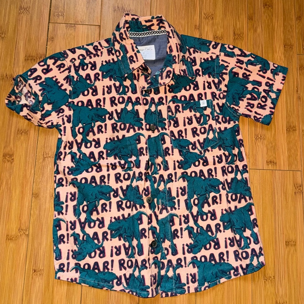 Kids Roar Dinosaur Print Shirt - Pink and Green